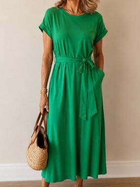 DKNY Green Belted Midi Dress, Classic Women’s Summer Dress [Size XLarge]